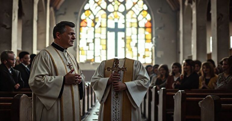 Tradycyjny ksiądz w splączonym nowoczesnym kościele symbolizuje upadek Kościoła z powodu modernistycznych programów odnowy