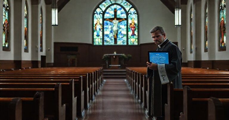 Pusty kościół z tablicą cyfrową z kazaniem generowanym przez AI i zmartwionym księzem Gregiem Cootsoną w tle