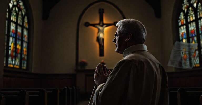 Tradycyjny ksiądz w parafialnym kościele modli się przed krzyżem, otoczony blaknącymi witrażami i dokumentami korпораcyjnymi