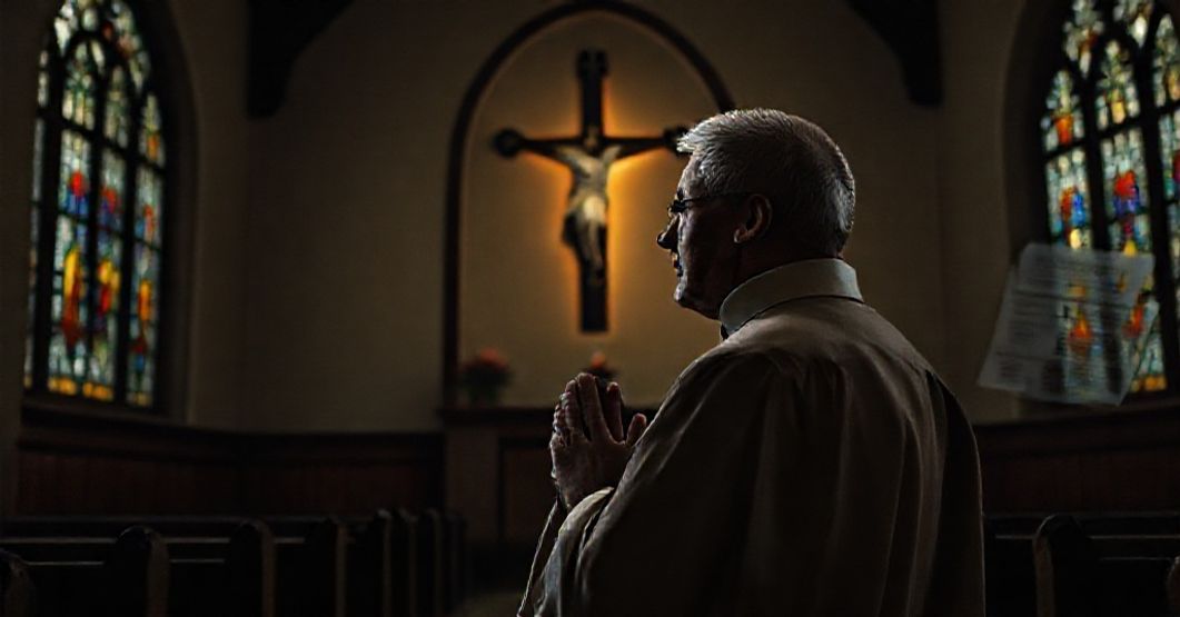 Tradycyjny ksiądz w parafialnym kościele modli się przed krzyżem, otoczony blaknącymi witrażami i dokumentami korпораcyjnymi