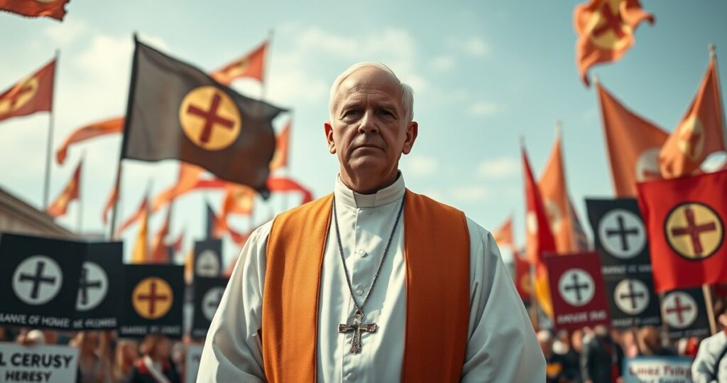Katolicki kapłan w sutannie podczas protestu, symbolizujący zdradę i herezję w Kościele, ukazujący krytykę rewolucji duchowieństwa wobec nauk Kościoła.