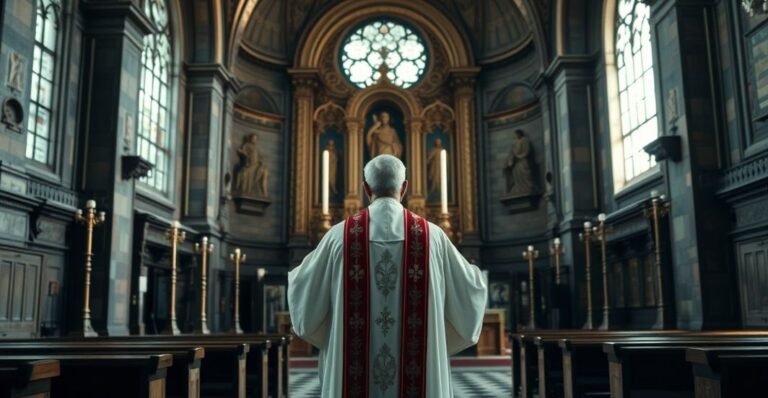 Ksiądz w tradycyjnym stroju przed ołtarzem w kościele, symbolizujący kryzys wiary i zdradę Chrystusa przez modernistyczną neutralność.