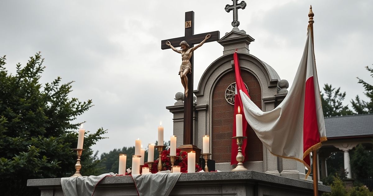 Tradycyjny katolicki ołtarz na tle historycznego placu w Polsce, z krzyżem i świecami, symbolizujący modlitwę i patriotyzm w duchu katolickim.