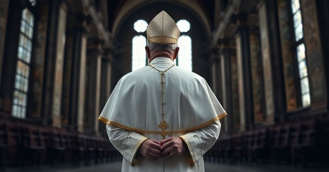 Rewersyjny obraz katolickiego biskupa w świątyni, symbolizujący krytykę współczesnych zagrożeń dla Kościoła