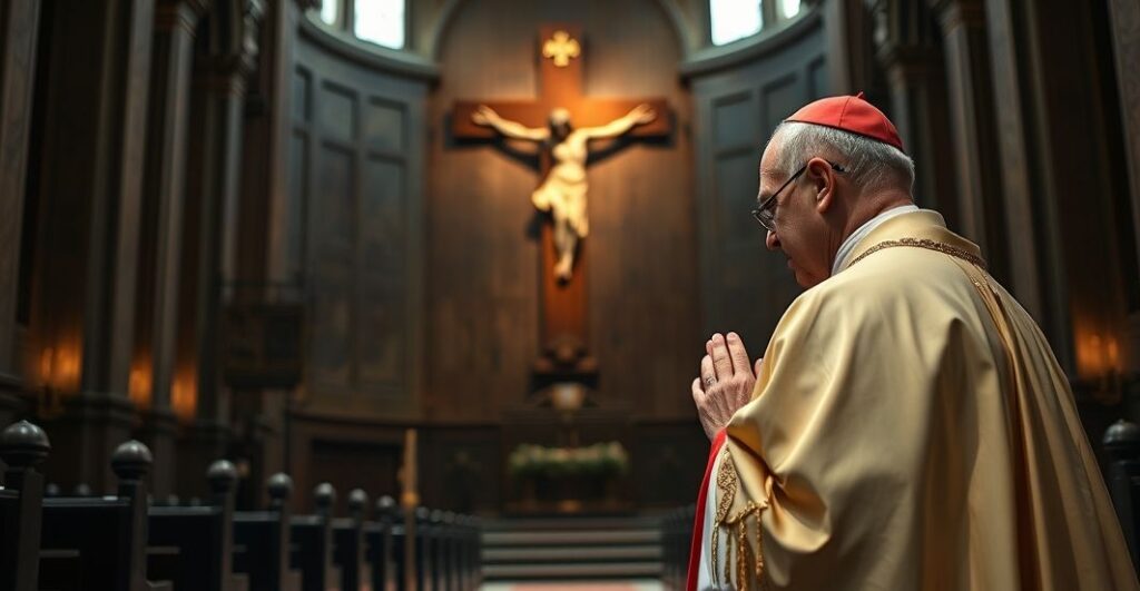 Katolicki duchowny w liturgicznych szatach modli się przed krucyfiksem w cerkwi, ukazując głęboki szacunek i wiarę w tradycyjne nauki Kościoła