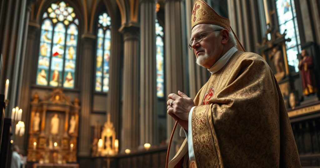 Wierny, realistyczny obraz starszego biskupa w liturgicznych szatach modlącego się w historycznym kościele, symbolizujący powagę i autentyczność katolickiej tradycji