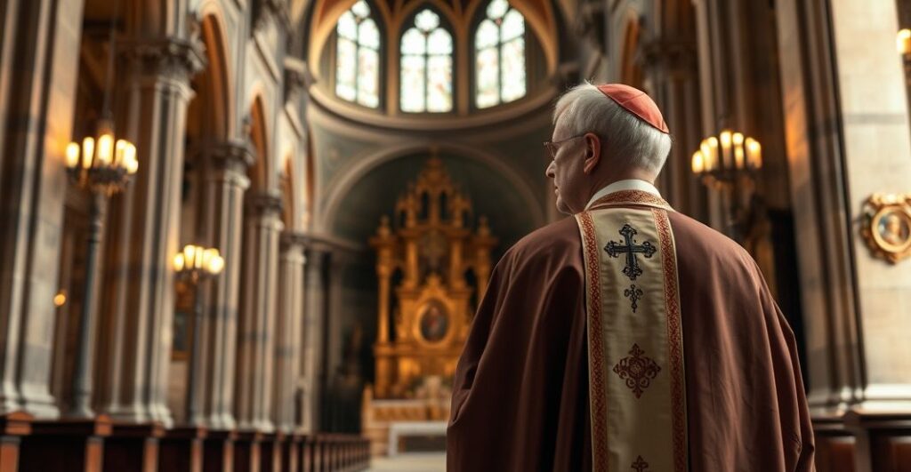 Biskup w tradycyjnych szatach katolickich w kościele, symbolizujący moralną krytykę polityki i współczesnego społeczeństwa