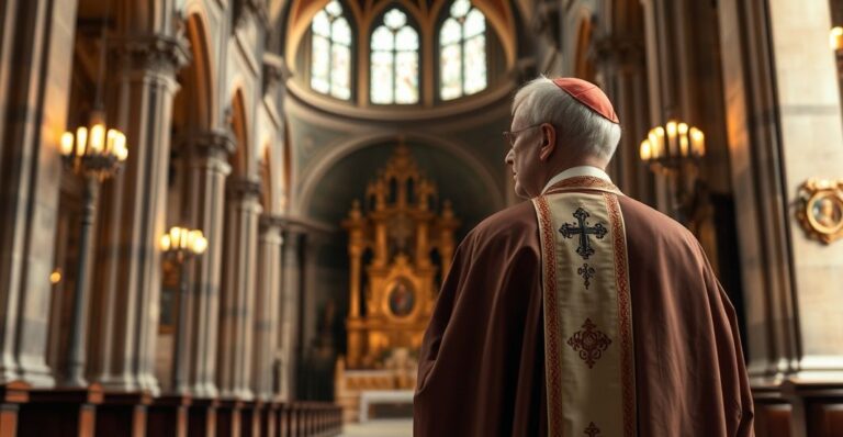 Biskup w tradycyjnych szatach katolickich w kościele, symbolizujący moralną krytykę polityki i współczesnego społeczeństwa