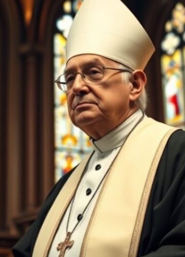 Duchown katolicki w tradycyjnej świątyni - obraz do wpisu blogowego Duchown katolicki w tradycyjnej szacie, stojący w świątyni z oknami witrażowymi, wyrazem głębokiej wiary i powagi, odzwierciedlający katolickie wartości i tradycję