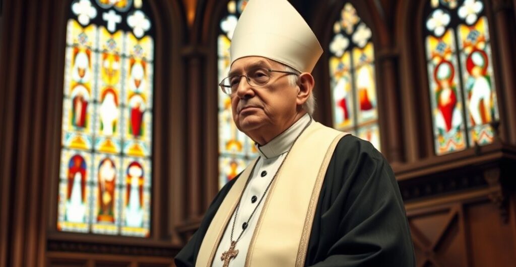 Duchown katolicki w tradycyjnej szacie, stojący w świątyni z oknami witrażowymi, wyrazem głębokiej wiary i powagi, odzwierciedlający katolickie wartości i tradycję