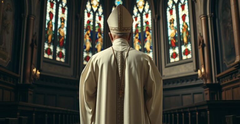 Realistyczne zdjęcie tradycyjnego katolickiego biskupa w liturgicznym stroju w historycznym wnętrzu kościoła, symbolizujące autentyczną hierarchię i sprzeciw wobec modernistycznej uzurpacji.