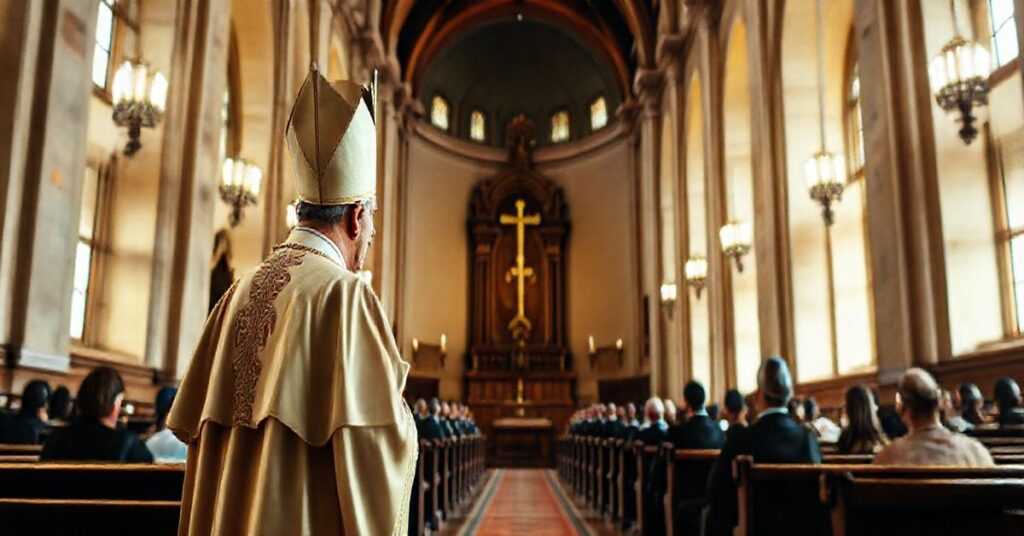 Sanktuarium katolickie, kapłan w vestmentach podczas oficjalnego spotkania dyplomatycznego, w poważnej atmosferze religijnej