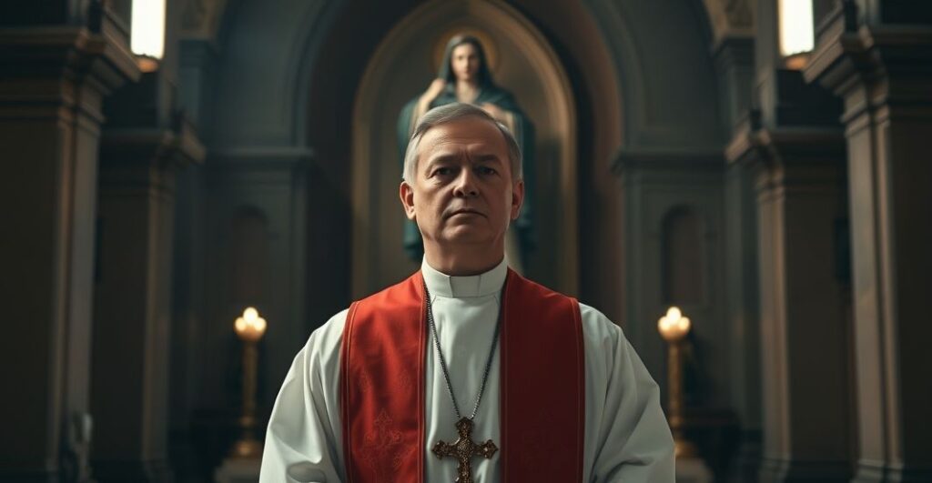 Ksiądz katolicki w tradycyjnym stroju w kościele, symbolizujący moralną powagę i tradycję katolicką