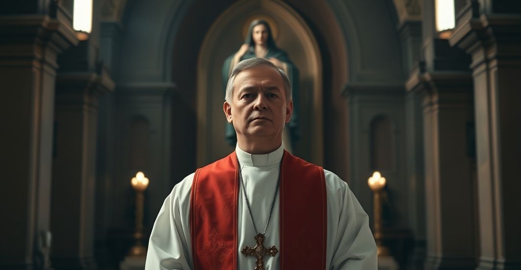 Ksiądz katolicki w kościele – symbol moralnej powagi i tradycji Ksiądz katolicki w tradycyjnym stroju w kościele, symbolizujący moralną powagę i tradycję katolicką