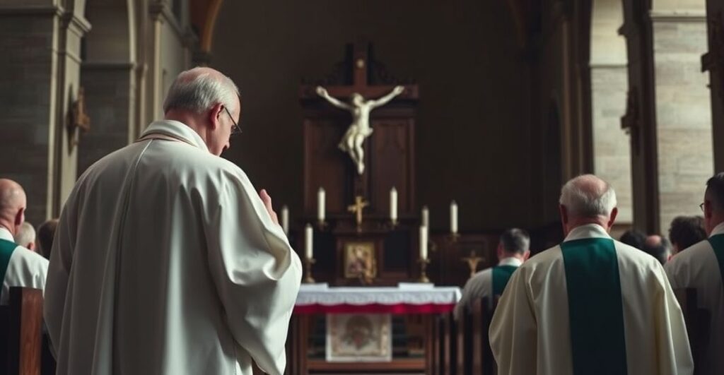 Rekonstrukcja poważnego katolickiego duchownego modlącego się w kościele, symbolizującego duchową czujność wobec zdrady wewnątrz Kościoła