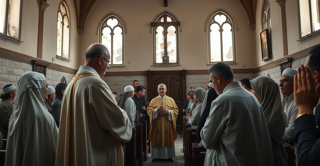 Wnętrze katolickiego kościoła w Gazie, kapłan udziela Komunii wśród uchodźców podczas konfliktu