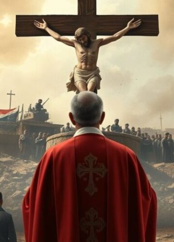 Modlący się katolicki ksiądz w obliczu kryzysu w Gazie Reverent katolicki ksiądz modli się przed krzyżem w kontekście tragedii w Gazie, podkreślając duchowe spojrzenie na konflikt