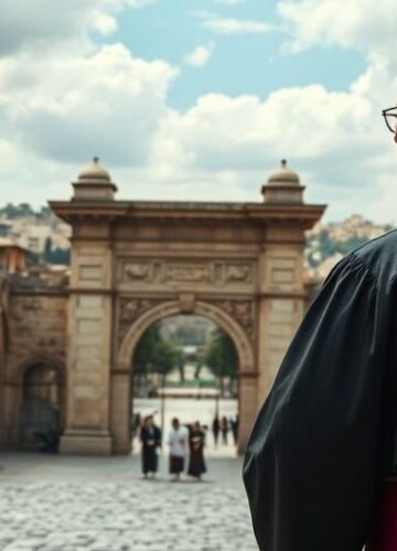 Ksiądz katolicki przed bramami Jerozolimy - symbol duchowego upadku Ksiądz katolicki w tradycyjnym stroju przed bramami Jerozolimy, symbolizujący duchową pustkę i odrzucenie Chrystusa Króla