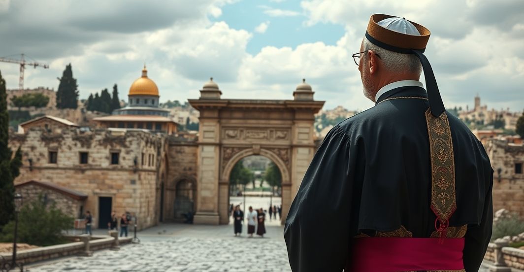 Ksiądz katolicki w tradycyjnym stroju przed bramami Jerozolimy, symbolizujący duchową pustkę i odrzucenie Chrystusa Króla