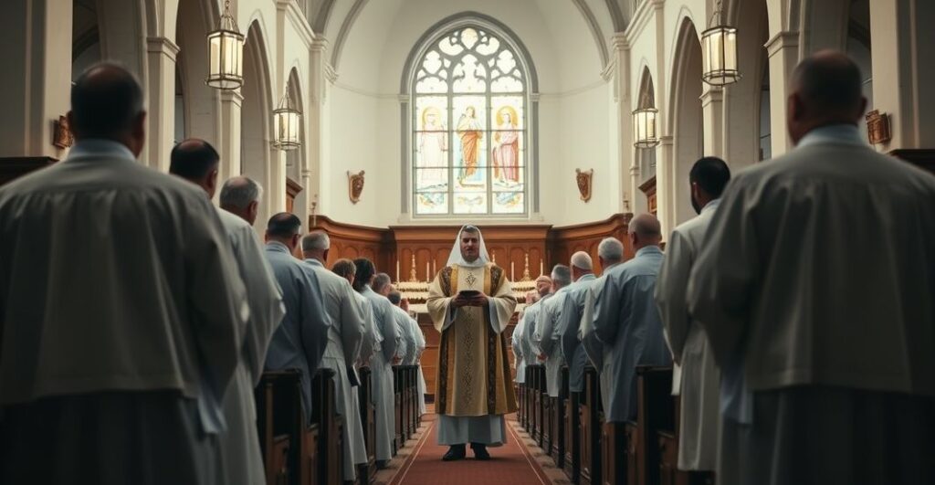 Wnętrze kościoła katolickiego z duchownymi w liturgicznych strojach celebrującymi jubileusz, ukazujące powierzchowność i duchowy kryzys współczesnego katolicyzmu