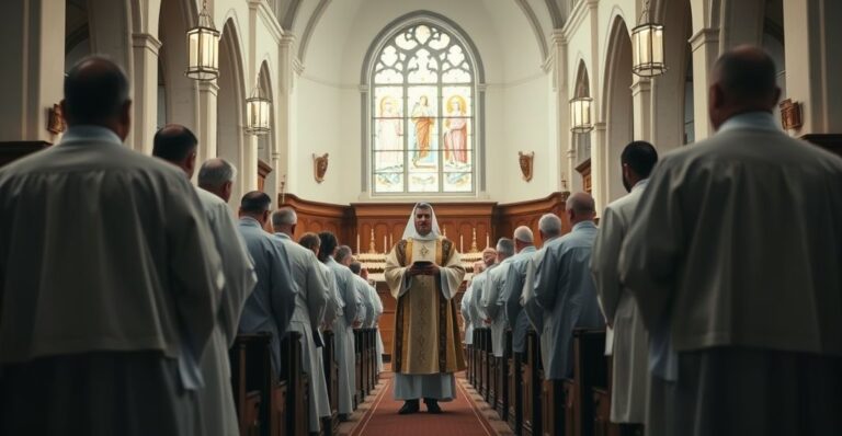 Wnętrze kościoła katolickiego z duchownymi w liturgicznych strojach celebrującymi jubileusz, ukazujące powierzchowność i duchowy kryzys współczesnego katolicyzmu