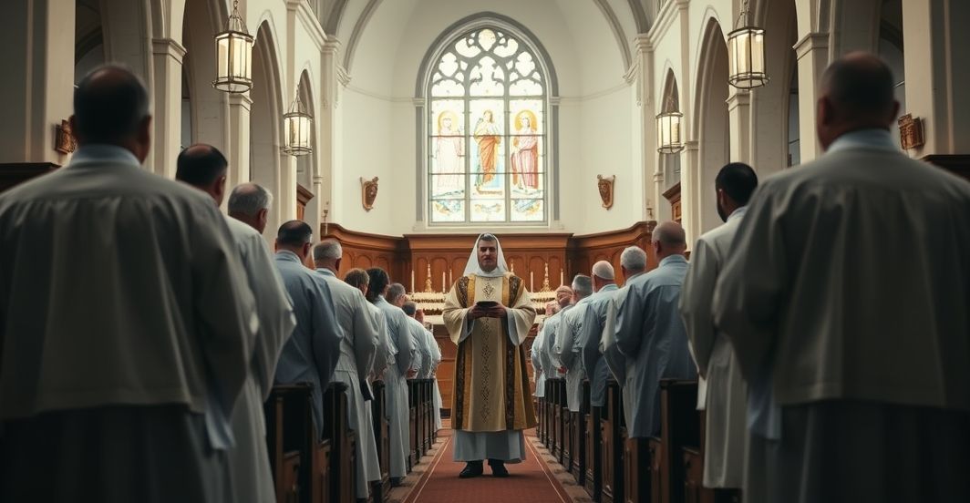 Wnętrze kościoła katolickiego z duchownymi w liturgicznych strojach celebrującymi jubileusz, ukazujące powierzchowność i duchowy kryzys współczesnego katolicyzmu