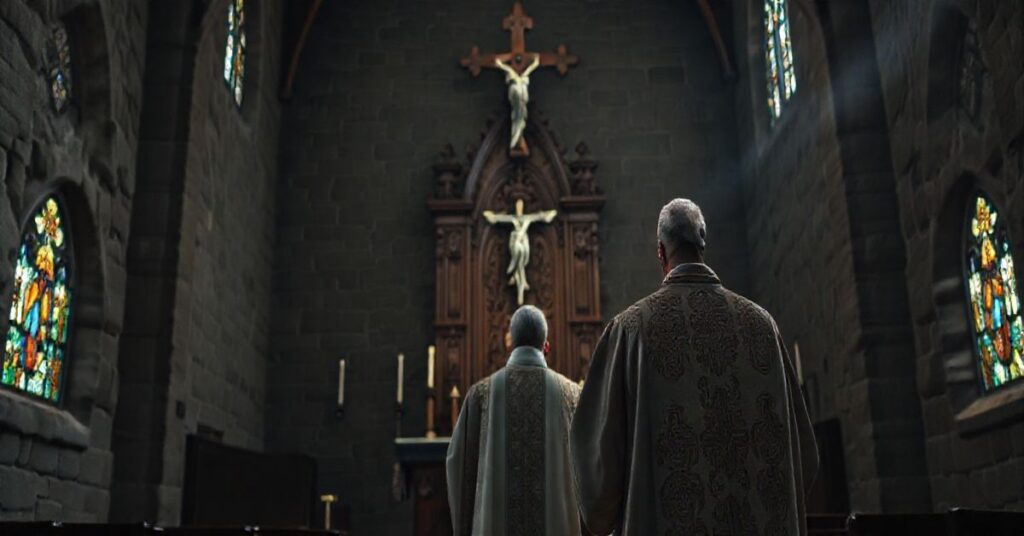 Duchown katolicki w liturgicznym kościele, modlący się przed krucyfiksem, w atmosferze skupienia i pokory, symbolizującej nadzieję i sąd Boży.