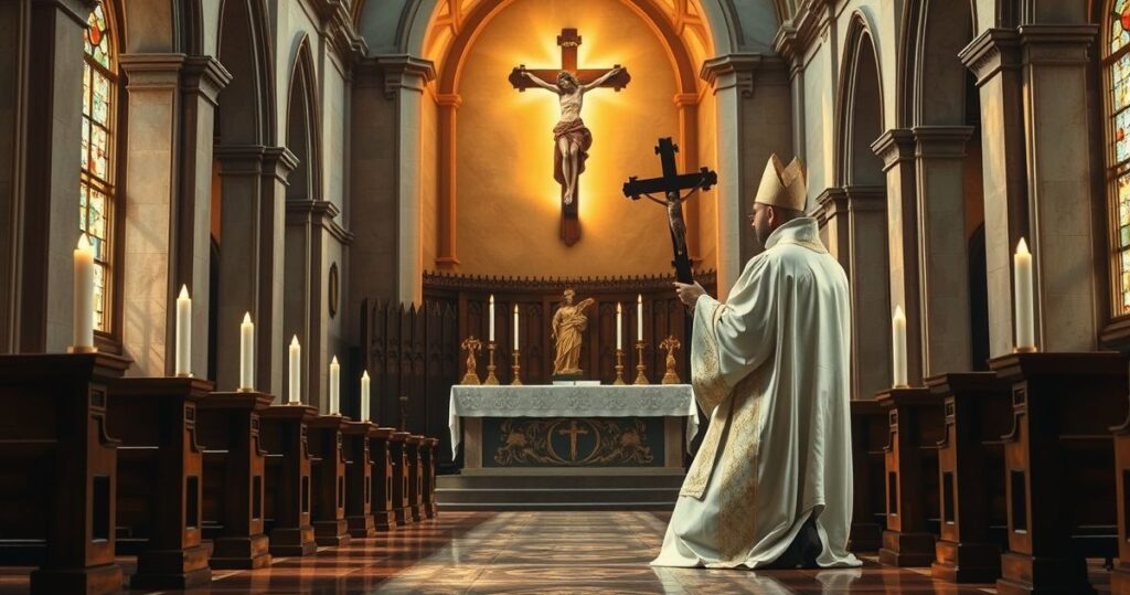 Fotorealistyczne wnętrze kościoła katolickiego z kapłanem w liturgicznych szatach, modlącym się przy ołtarzu z krzyżem i świecami, wyrażające głęboką pobożność i szacunek dla Chrystusa Króla.