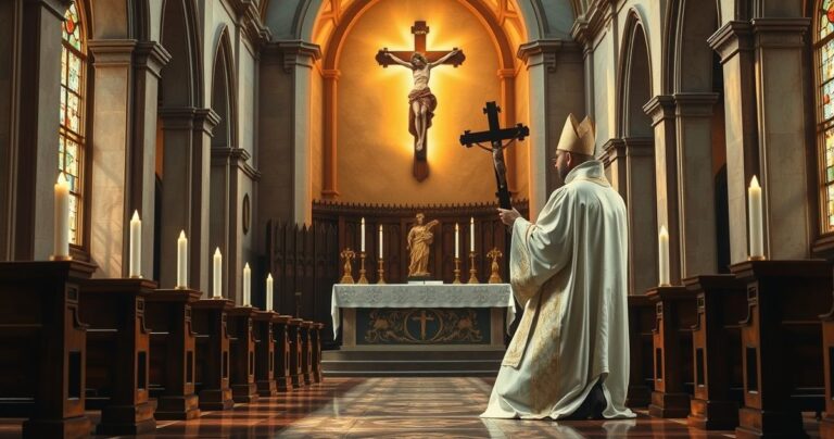 Fotorealistyczne wnętrze kościoła katolickiego z kapłanem w liturgicznych szatach, modlącym się przy ołtarzu z krzyżem i świecami, wyrażające głęboką pobożność i szacunek dla Chrystusa Króla.