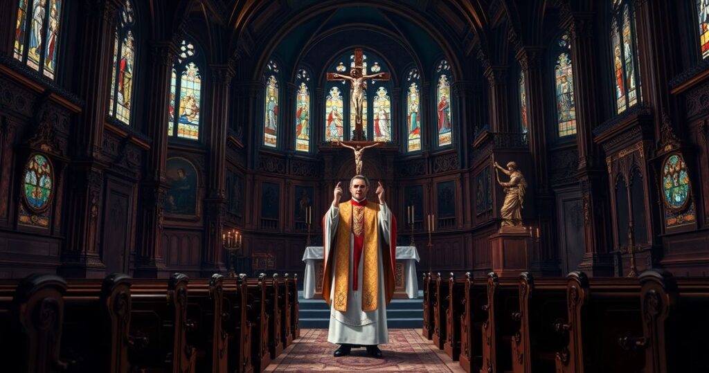 Ołtarz w tradycyjnym kościele katolickim z kapłanem w liturgicznych szatach, symbolizujący świętość życia i powagę moralną w obliczu aborcji