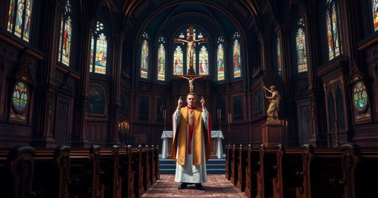 Ołtarz w tradycyjnym kościele katolickim z kapłanem w liturgicznych szatach, symbolizujący świętość życia i powagę moralną w obliczu aborcji