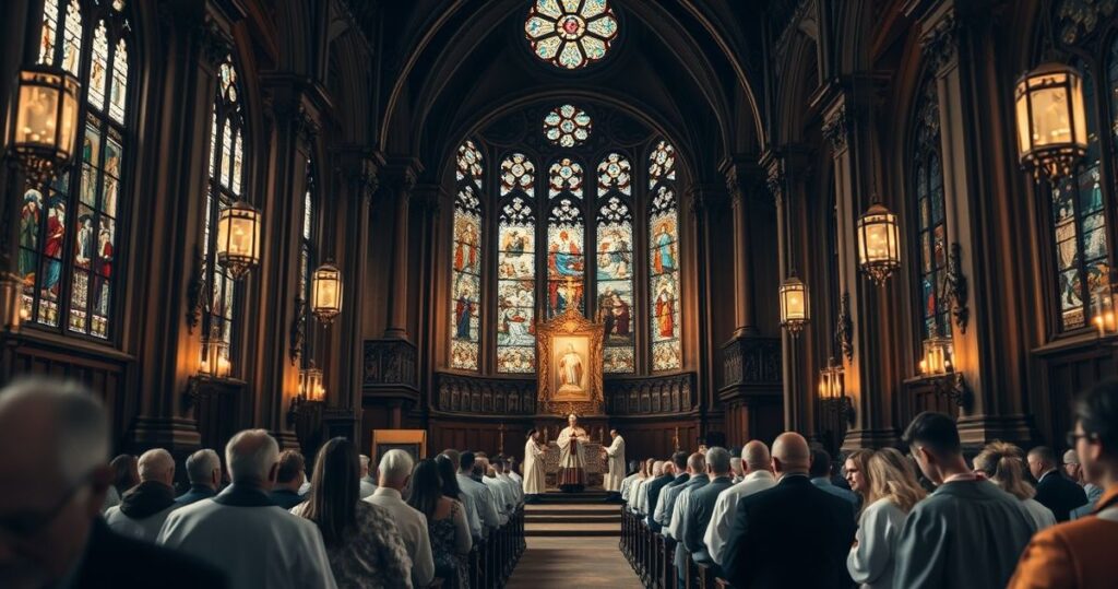 Koncepcja realistycznego, pełnego szacunku zdjęcia wnętrza kościoła katolickiego podczas nabożeństwa, ukazującego duchową powagę i tradycyjną liturgię.