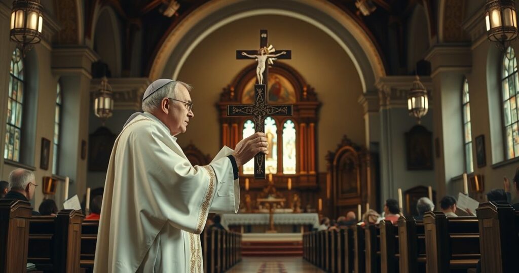 Wnętrze kościoła katolickiego z kapłanem trzymającym krucyfiks, symbolizujące duchową władzę i potrzebę prawowitej monarchii katolickiej w czasach kryzysu