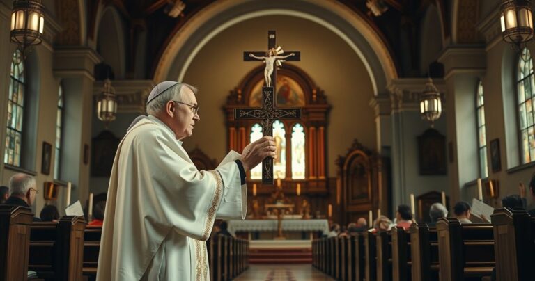 Wnętrze kościoła katolickiego z kapłanem trzymającym krucyfiks, symbolizujące duchową władzę i potrzebę prawowitej monarchii katolickiej w czasach kryzysu