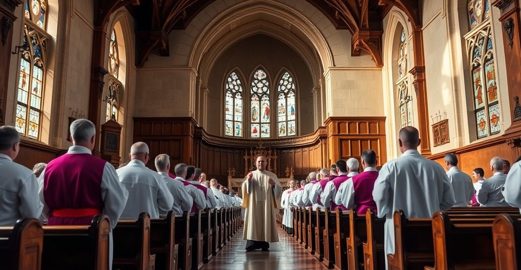 Kościół katolicki i moralna krytyka szczepień COVID-19 Kościół katolicki z duchownymi w vestmentach w poważnej, refleksyjnej atmosferze, symbolizującej moralną krytykę przymusowych szczepień COVID-19, odwołując się do prawa naturalnego i autorytetu Bożego