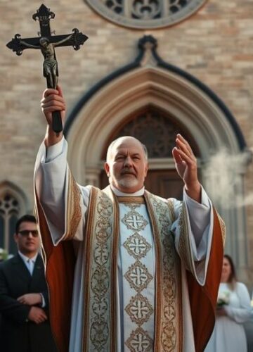 Uroczysta procesja katolicka z krytyką nowoczesnych manipulacji religijnych Obraz wiernych katolickich podczas uroczystej procesji, kapłan z krzyżem, wyraz głębokiej wiary i sprzeciwu wobec heretyckich manipulacji polityczno-religijnych