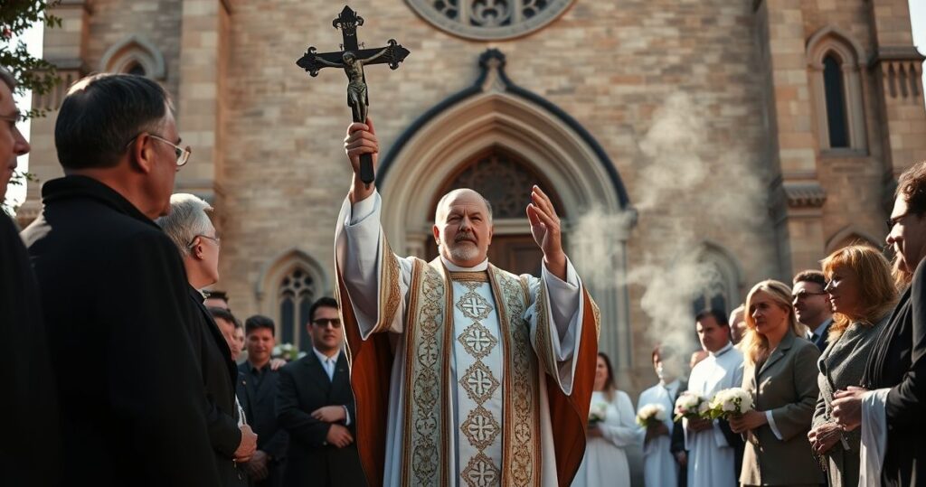 Obraz wiernych katolickich podczas uroczystej procesji, kapłan z krzyżem, wyraz głębokiej wiary i sprzeciwu wobec heretyckich manipulacji polityczno-religijnych