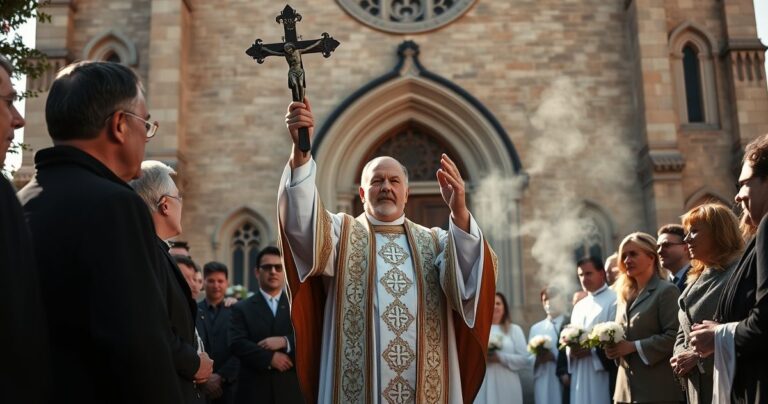 Obraz wiernych katolickich podczas uroczystej procesji, kapłan z krzyżem, wyraz głębokiej wiary i sprzeciwu wobec heretyckich manipulacji polityczno-religijnych