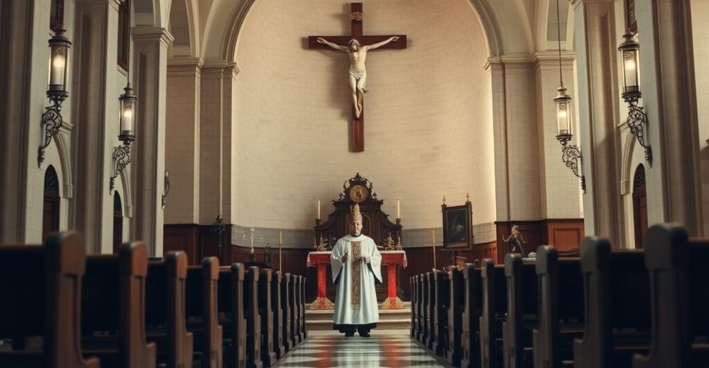 Reverent Catholic church interior z głównym ołtarzem i kapłanem w tradycyjnych szatach, symbolizujący duchowe wartości i krytykę współczesnego relatywizmu
