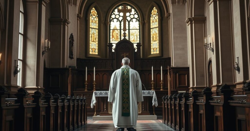 Zdjęcie realistycznego, pełnego szacunku wnętrza kościoła katolickiego z kapłanem w liturgicznych szatach, symbolizujące odwagę wobec heretyckich zagrożeń w Kościele.