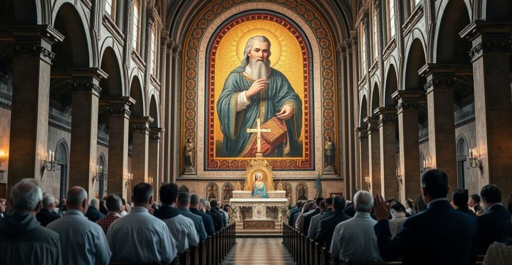 Kościół katolicki z duchownymi i wiernymi, patrzącymi na mozaikę Carlo Acutisa, ukazującą tradycyjną, poważną atmosferę w krytycznym kontekście nowoczesnej dewastacji świętości.