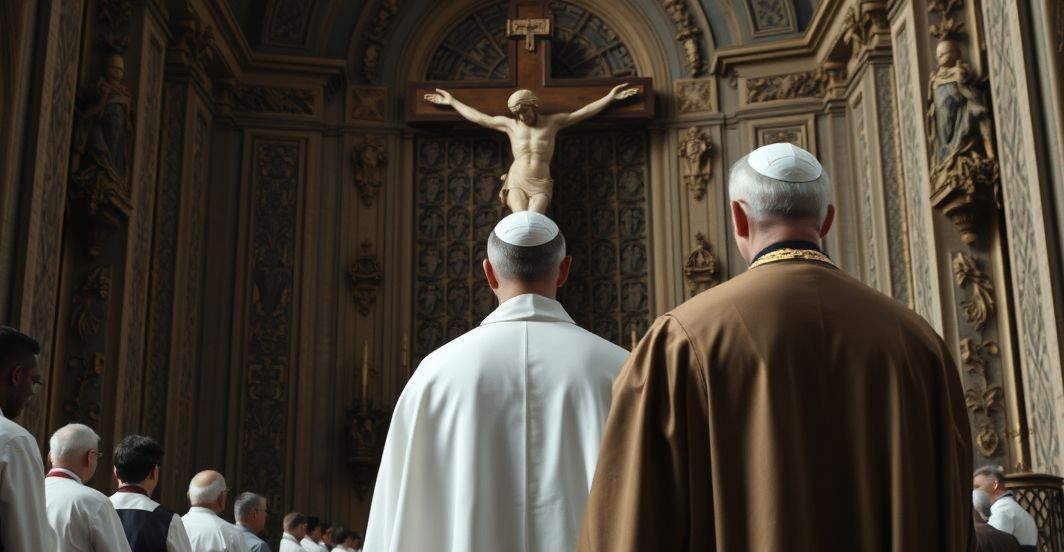 Religijna scena z kapłanem i krucyfiksem w kościele Duchown katolicki w głębokiej modlitwie przed historycznym krucyfiksem w tradycyjnej świątyni, symbol prawdy i wiary