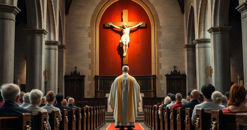 Realistyczne zdjęcie katolickiego księdza w stroju liturgicznym przed krucyfiksem, z wiernymi w kościele, wyrażające szacunek i duchową głębię, krytykujące modernistyczne odchylenia w Kościele