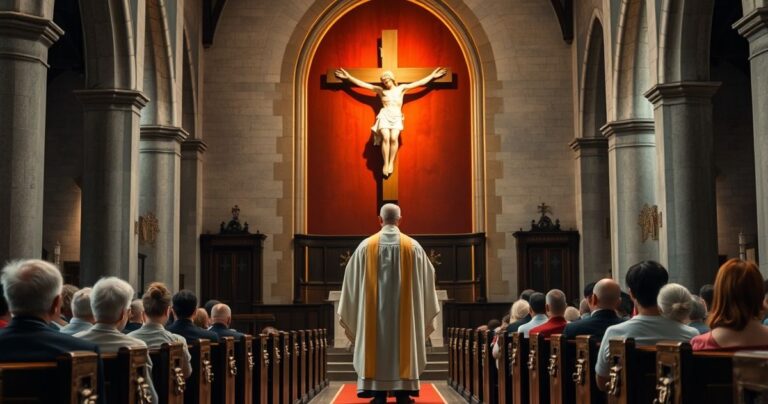 Realistyczne zdjęcie katolickiego księdza w stroju liturgicznym przed krucyfiksem, z wiernymi w kościele, wyrażające szacunek i duchową głębię, krytykujące modernistyczne odchylenia w Kościele