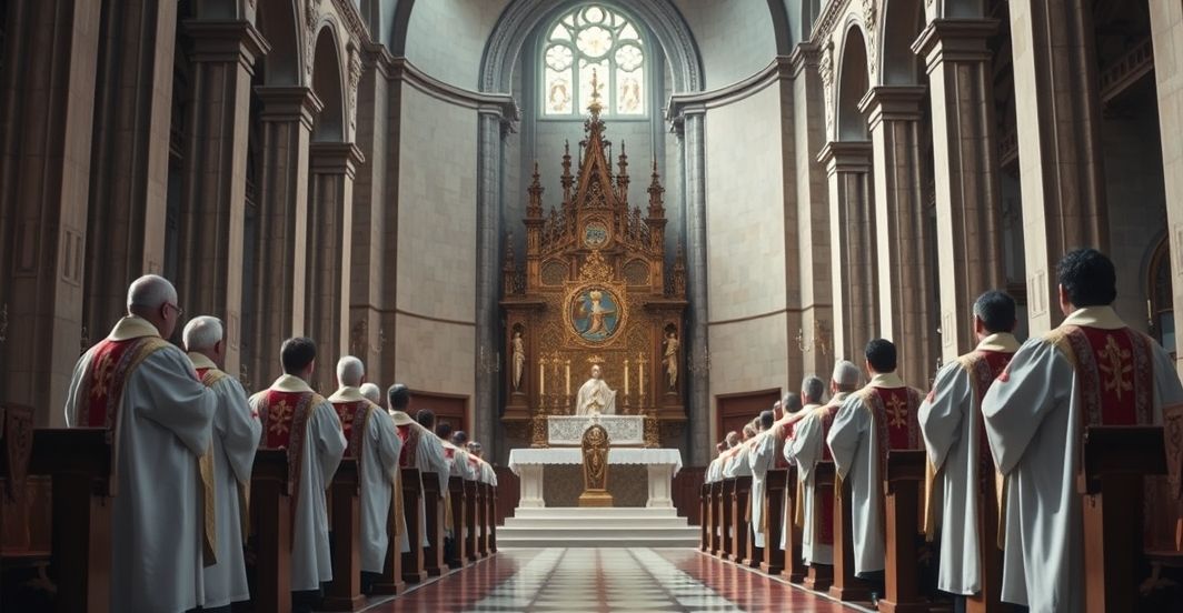 Kościół katolicki wewnątrz, duchowni w liturgicznych szatach, wyraz powagi i troski, symbolizujący krytykę współczesnych reform finansowych i duchowego kryzysu.