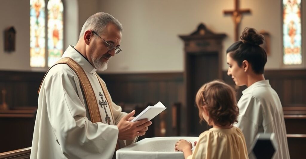 Realistyczne zdjęcie katolickiego kapłana w trakcie sakramentu chrztu w tradycyjnym kościele, ukazujące powagę i sacrum, zgodnie z nauką Kościoła katolickiego