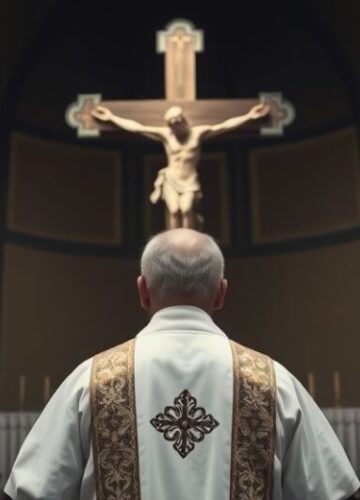 Religijna scena krytykująca eugenikę i aborcję w katolickim kontekście Ksiądz w tradycyjnym stroju przed krucyfiksem w kościele, wyraz troski i refleksji nad współczesnym zagrożeniem eugeniki i brakiem szacunku dla godności ludzkiej.