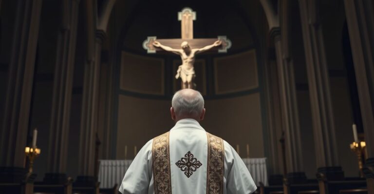 Ksiądz w tradycyjnym stroju przed krucyfiksem w kościele, wyraz troski i refleksji nad współczesnym zagrożeniem eugeniki i brakiem szacunku dla godności ludzkiej.