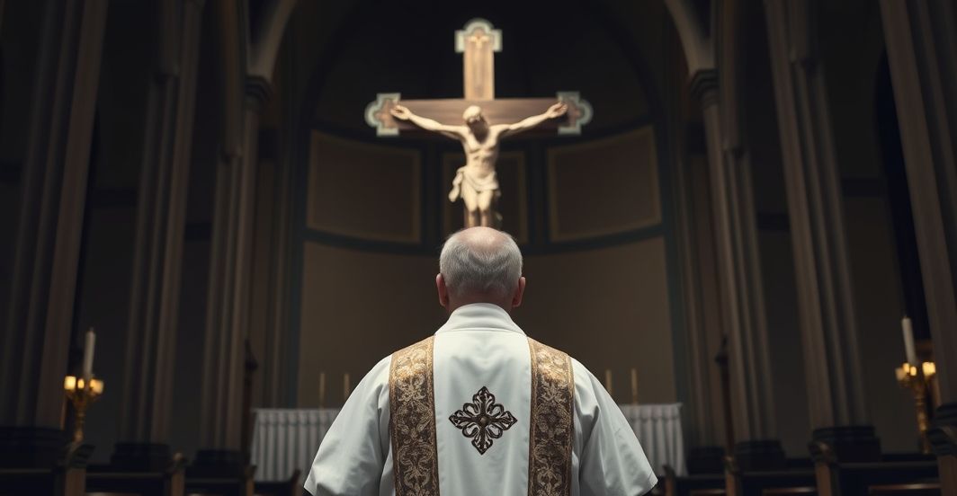 Religijna scena krytykująca eugenikę i aborcję w katolickim kontekście Ksiądz w tradycyjnym stroju przed krucyfiksem w kościele, wyraz troski i refleksji nad współczesnym zagrożeniem eugeniki i brakiem szacunku dla godności ludzkiej.