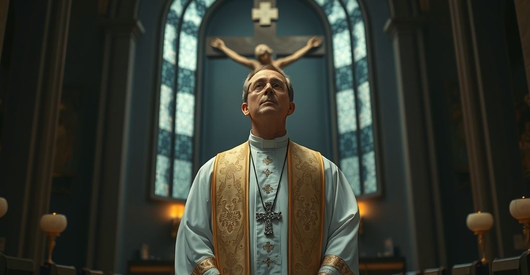 Ksiądz katolicki w tradycyjnych szatach przed krucyfiksem w kościele, symbolizujący obronę prawdy o imago Dei i sprzeciw wobec technologicznej hybris